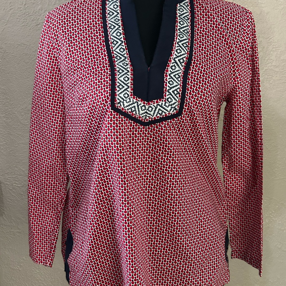 Talbots Cotton Red and Black Top Embroidered Neckline Tunic Size Small Petite
